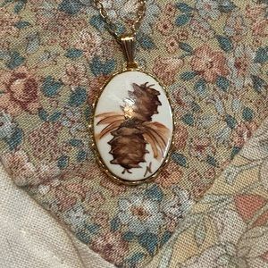 vintage antique hand painted gold tone pine cone pendant with necklace signed N